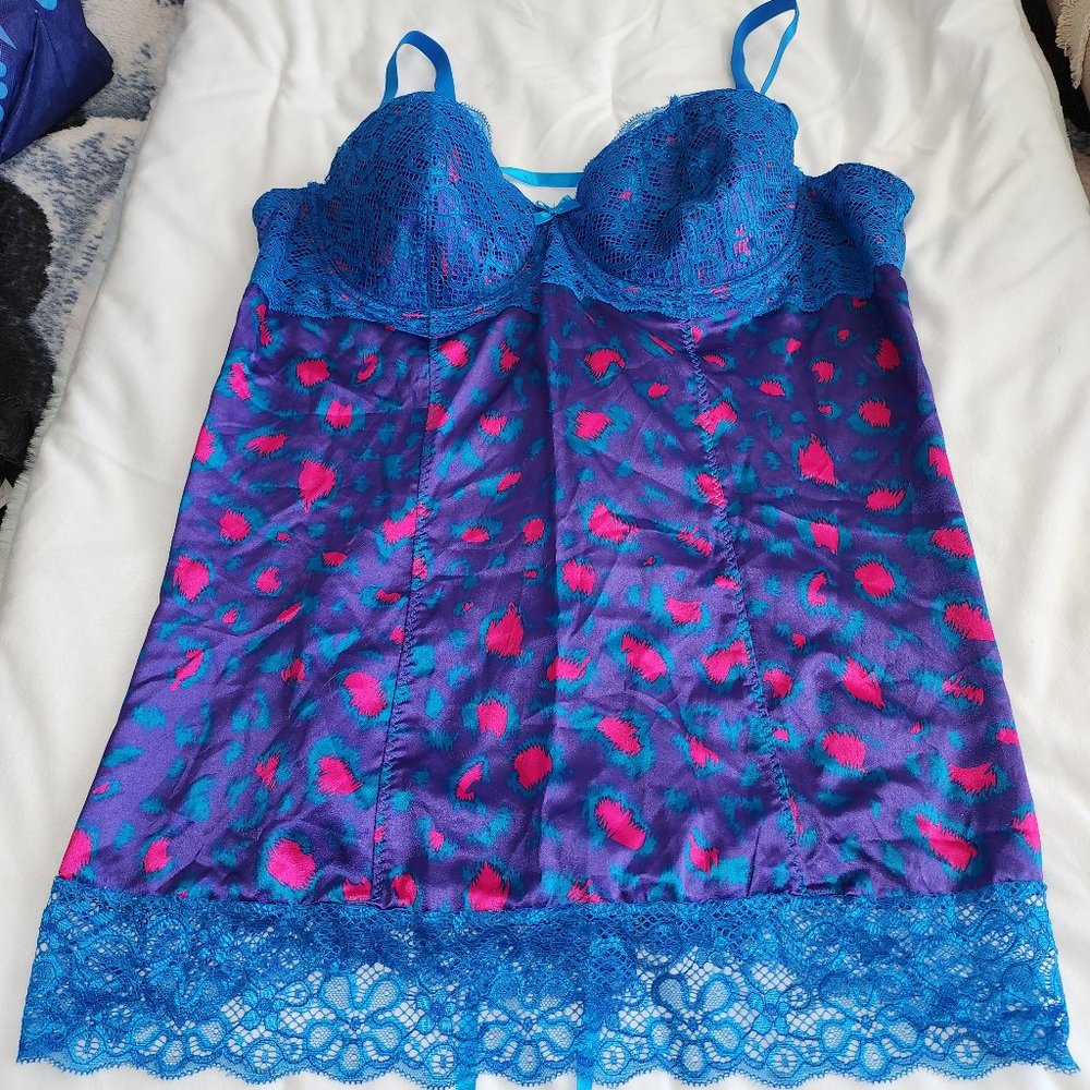 Frederick's of Hollywood, Lace Slip Chemise Blue Purple Pink Leopard Print